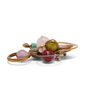 Side view of a brooch featuring pastel pink and green beads set on brass hoops.