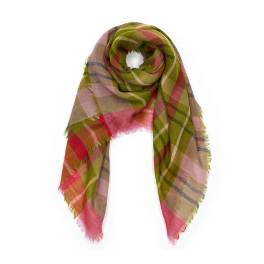 Colorful green and red checked wool square scarf