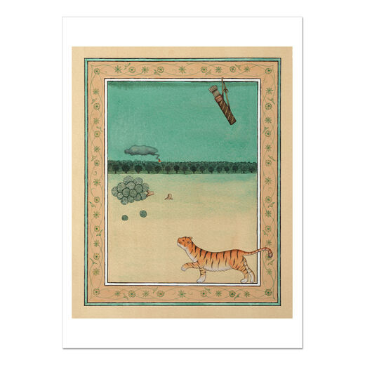 In a sparse wilderness of sand and sky, with scattered objects and a distant landmark, a slim tiger prowls 