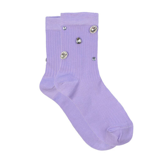A pair of lilac socks embellished with rhinestones.