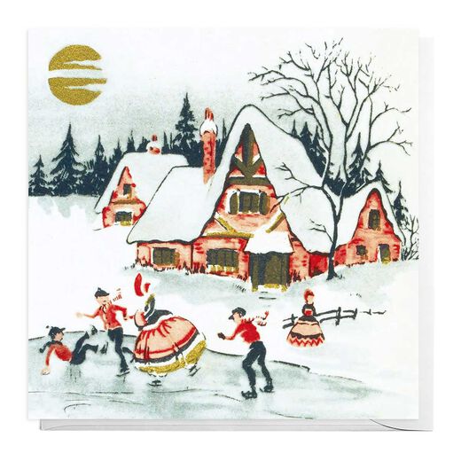 Pack of 8 christmas greeting cards by the vintage feel illustrating characters having fun skating on ice among a snowy landscape 