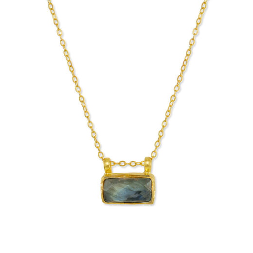 A gold chain necklace featuring a rectangular shaped labradorite pendant.
