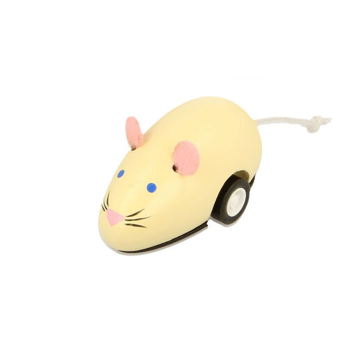 A wooden mouse toy in a beige colour. 