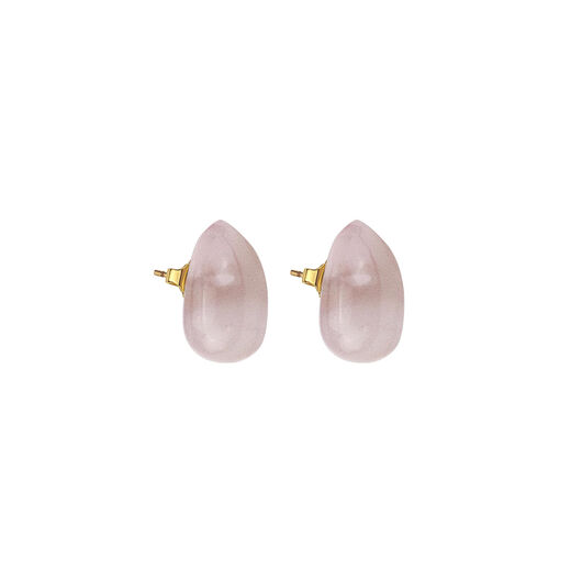 A pair of teardrop shaped pale pink stud earrings with gold plated posts.