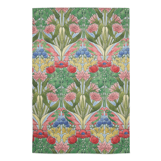 Tea towel featuring a green and red botanical pattern with parrots.