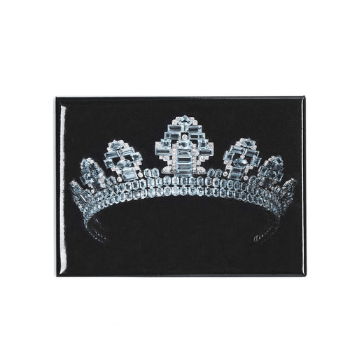 A black rectangular magnet featuring a Cartier tiara of aquamarine stones in angular cuts and Art Deco style