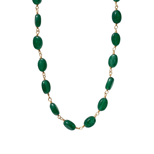 Gold rosary necklace with deep green pebble shaped stones.
