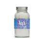 A clear bottle with a silver lid, filled with white bath salts. It has a blue label with a floral pattern and the V&A logo.
