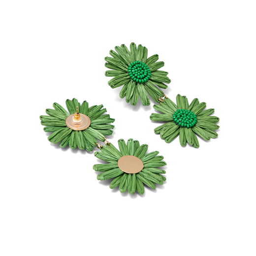 Green raffia flower earrings