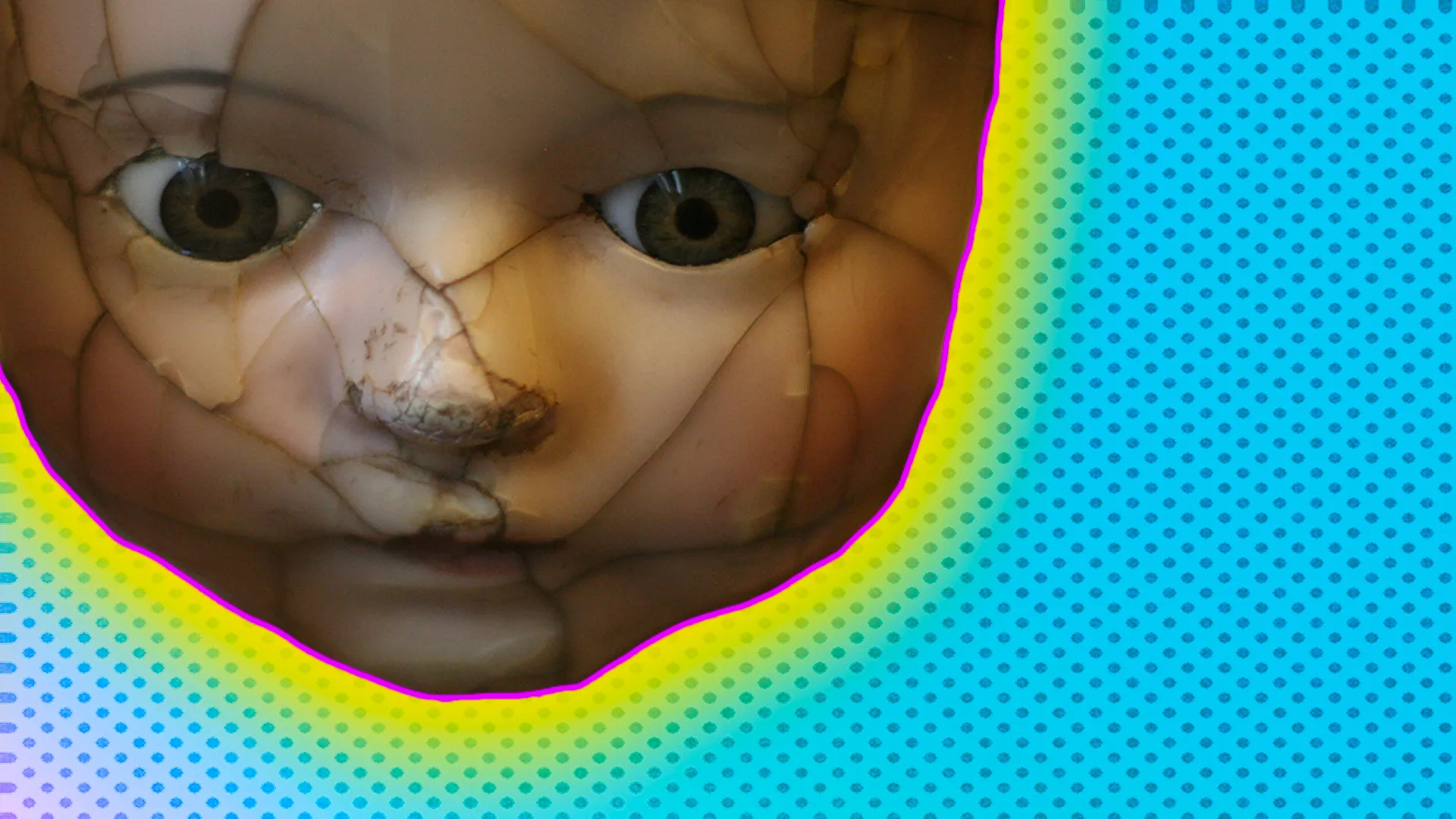 Broken doll face with a polkadot background and a glow around the image