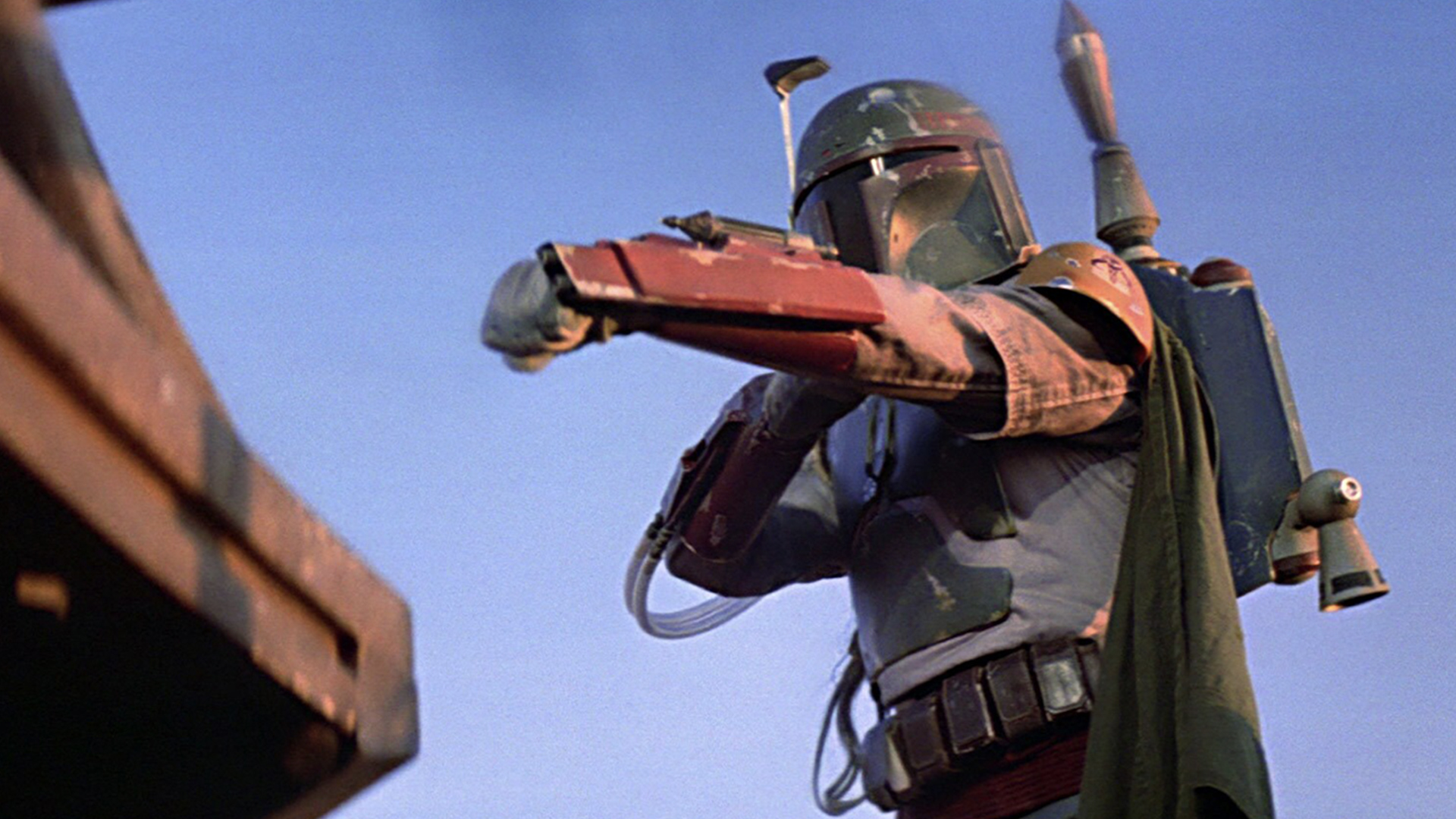 Boba Fett from Star Wars using his grappling hook