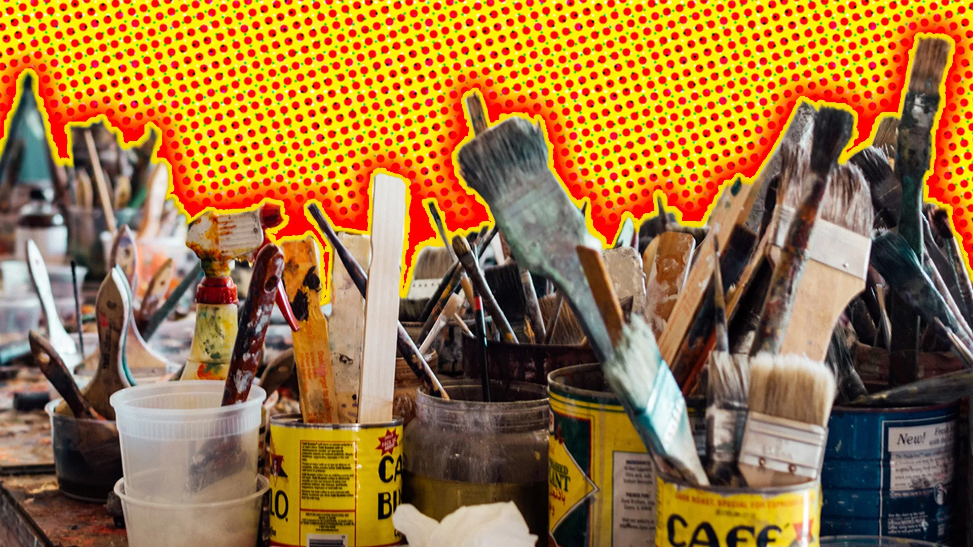 Artists paintbrushes with a polkadot background and a glow around the image