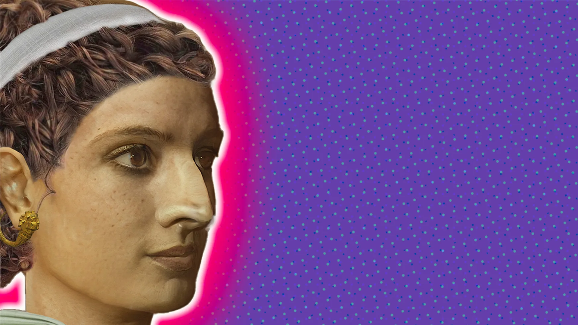 A reconstruction of Cleopatra's face with a polkadot background and a glow around the image