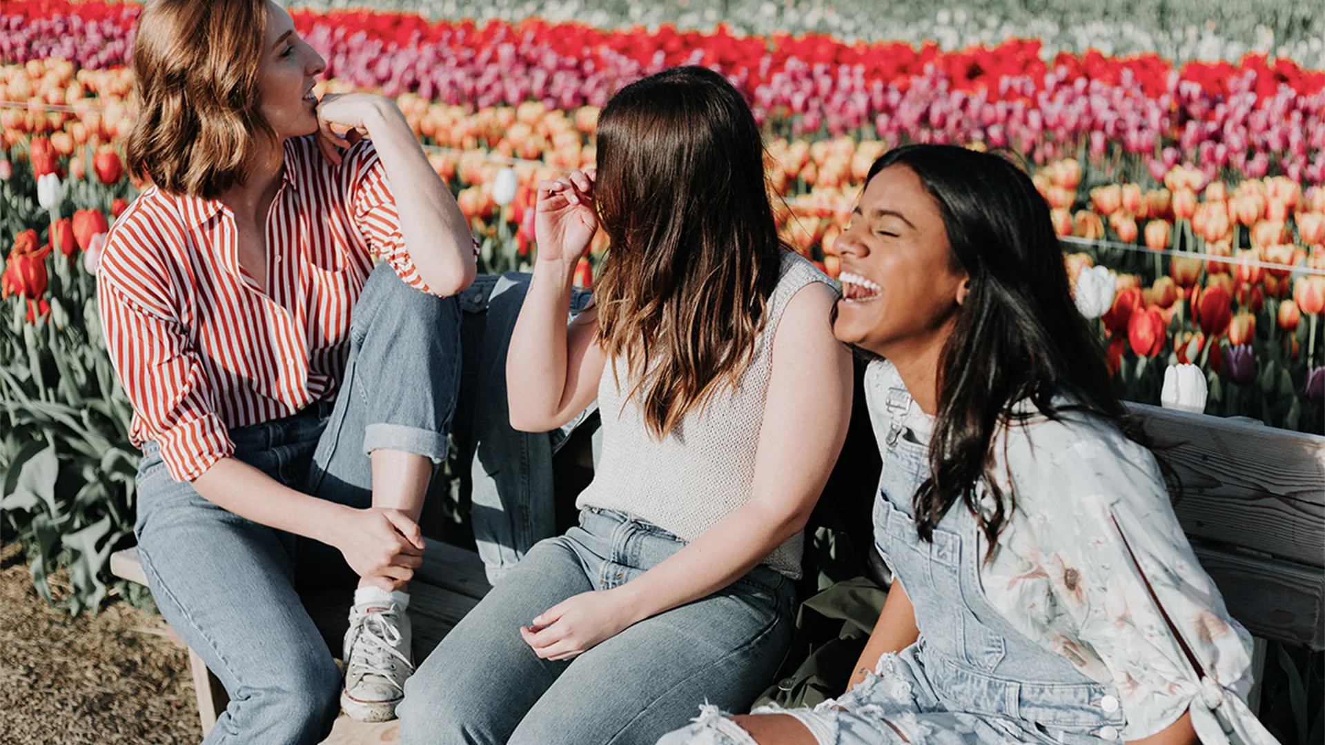 Three friends sat on a bench with a bed of flowers behind them