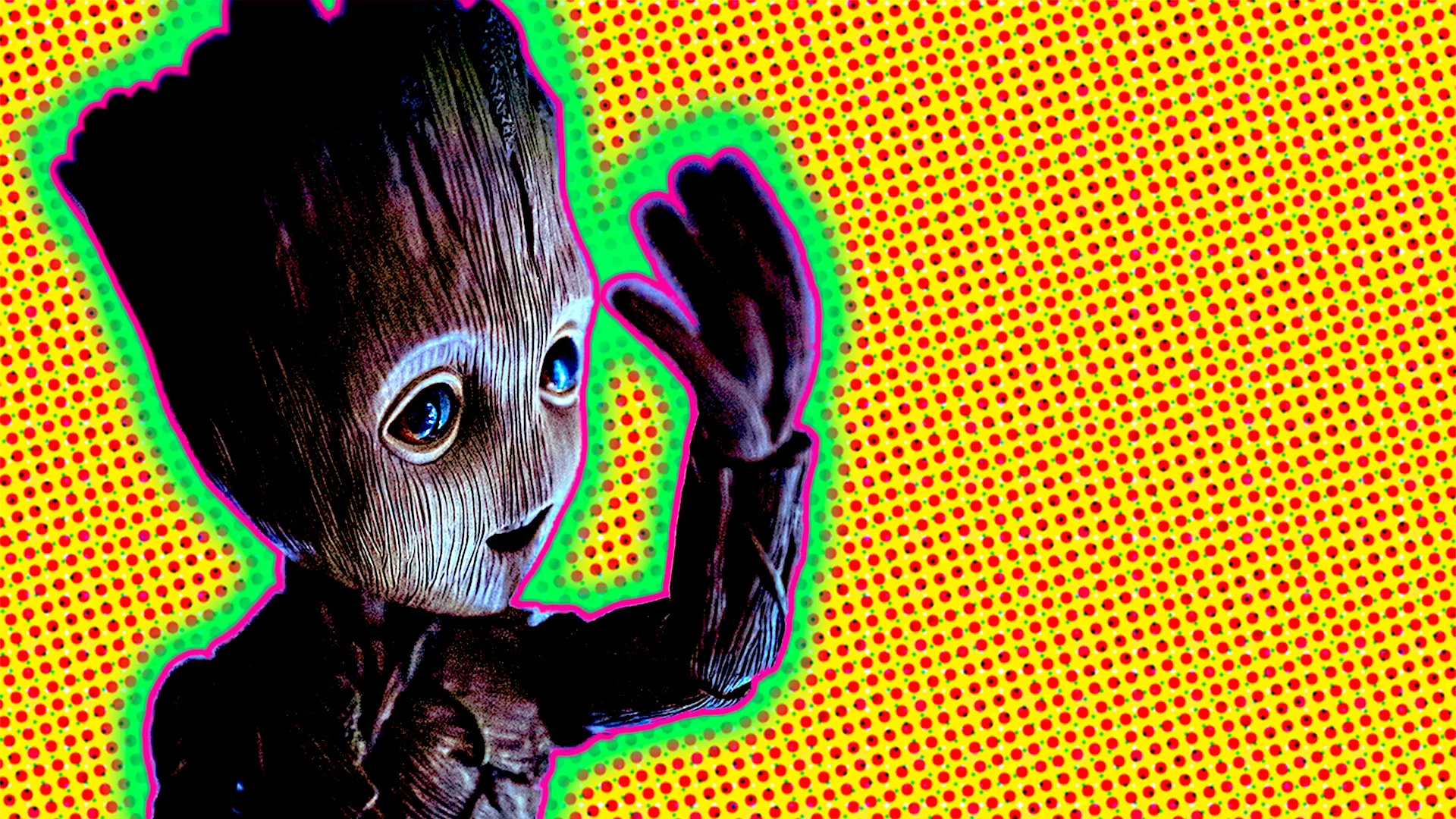 Marvel Groot character with a polkadot background and a glow around the image