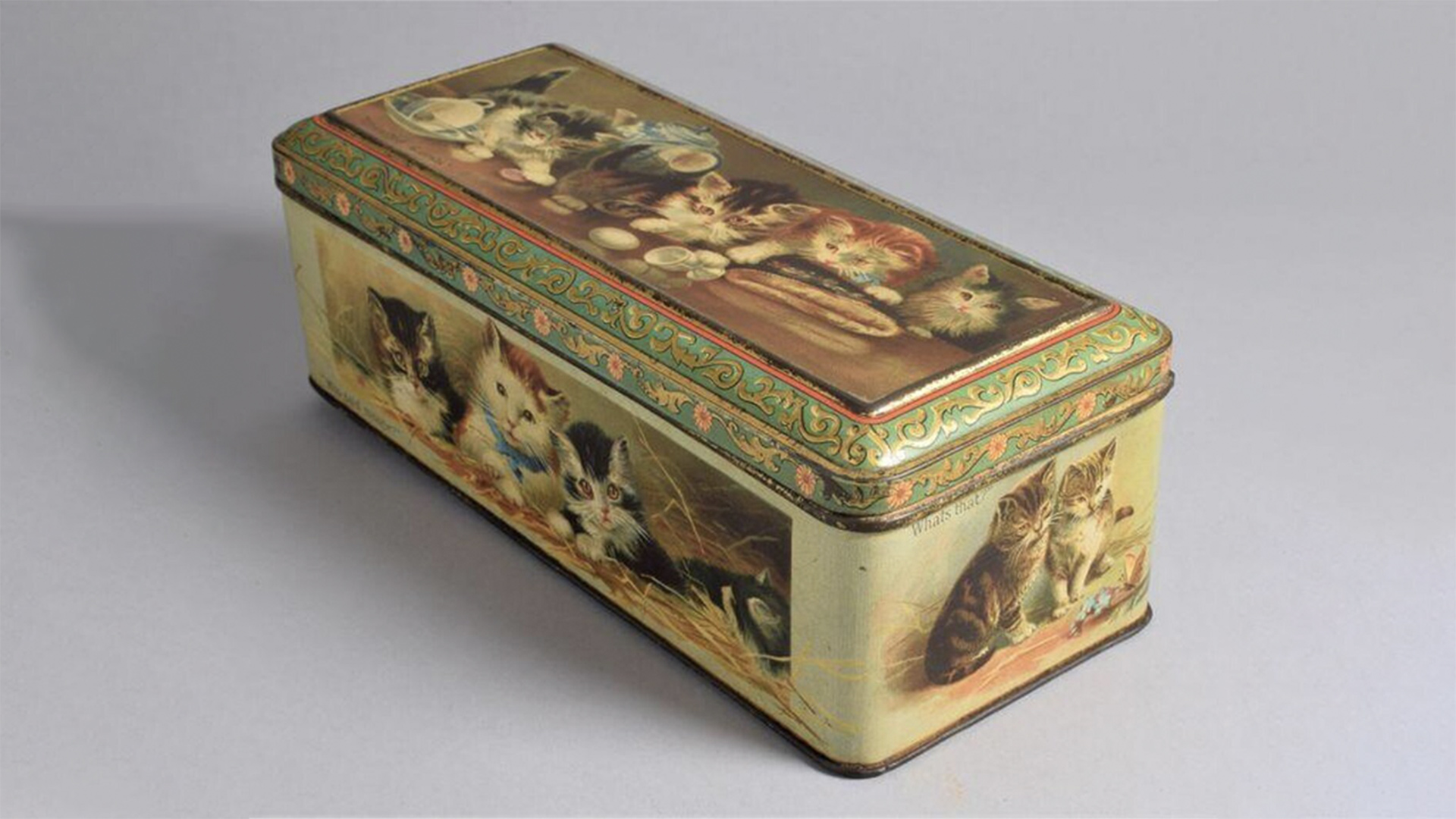 Biscuit tin printed with images of kittens