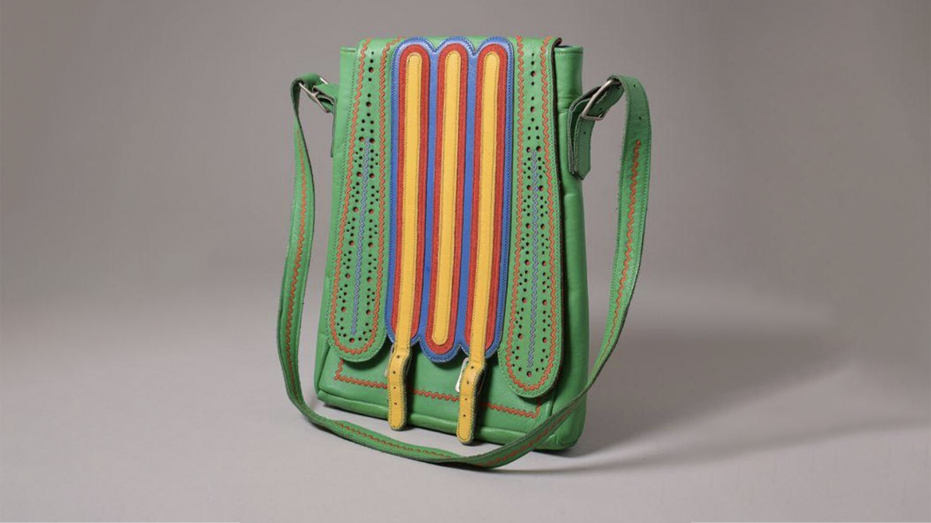 Yellow, green, blue and red leather handbag
