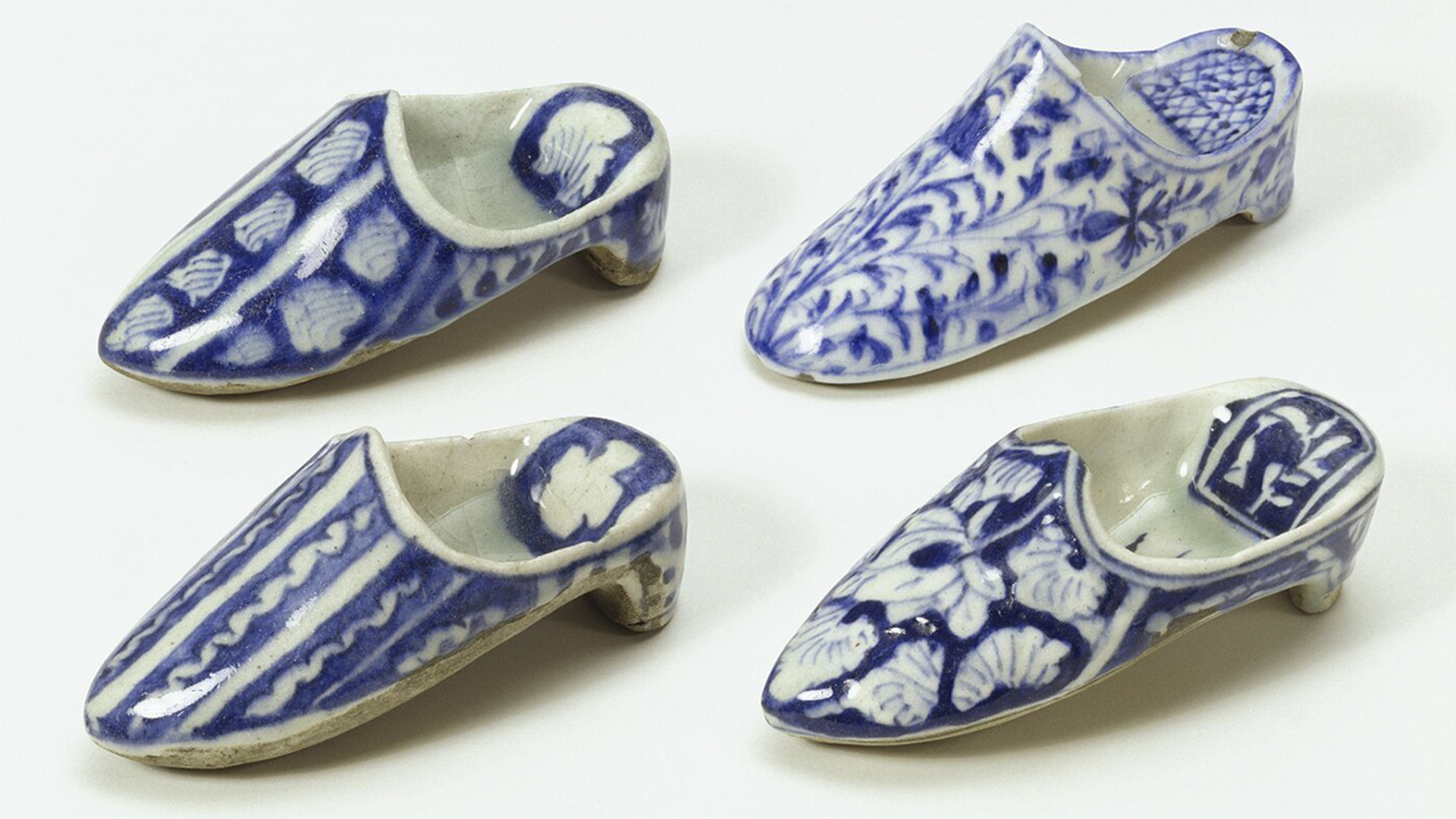 Blue and white ceramic shoe