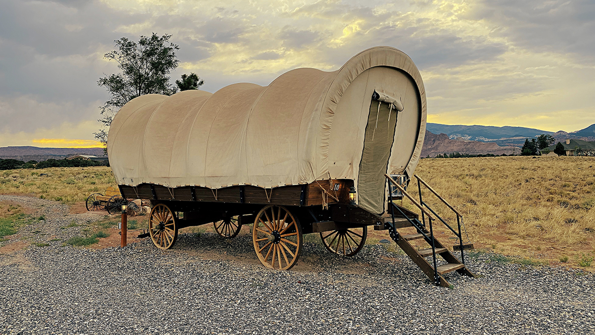 Old style covered wagon in a park
