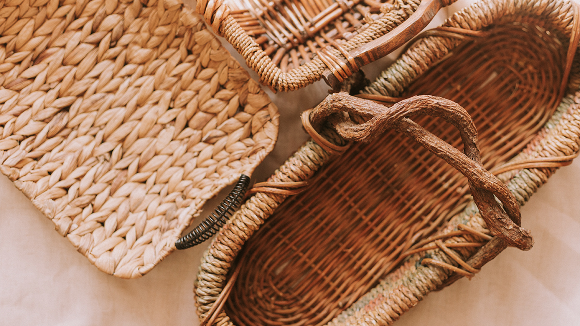 Close up of brown wicker baskets