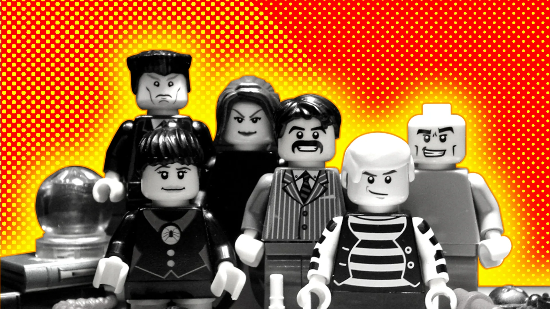Lego Adams Family with a polkadot background and a glow around the image