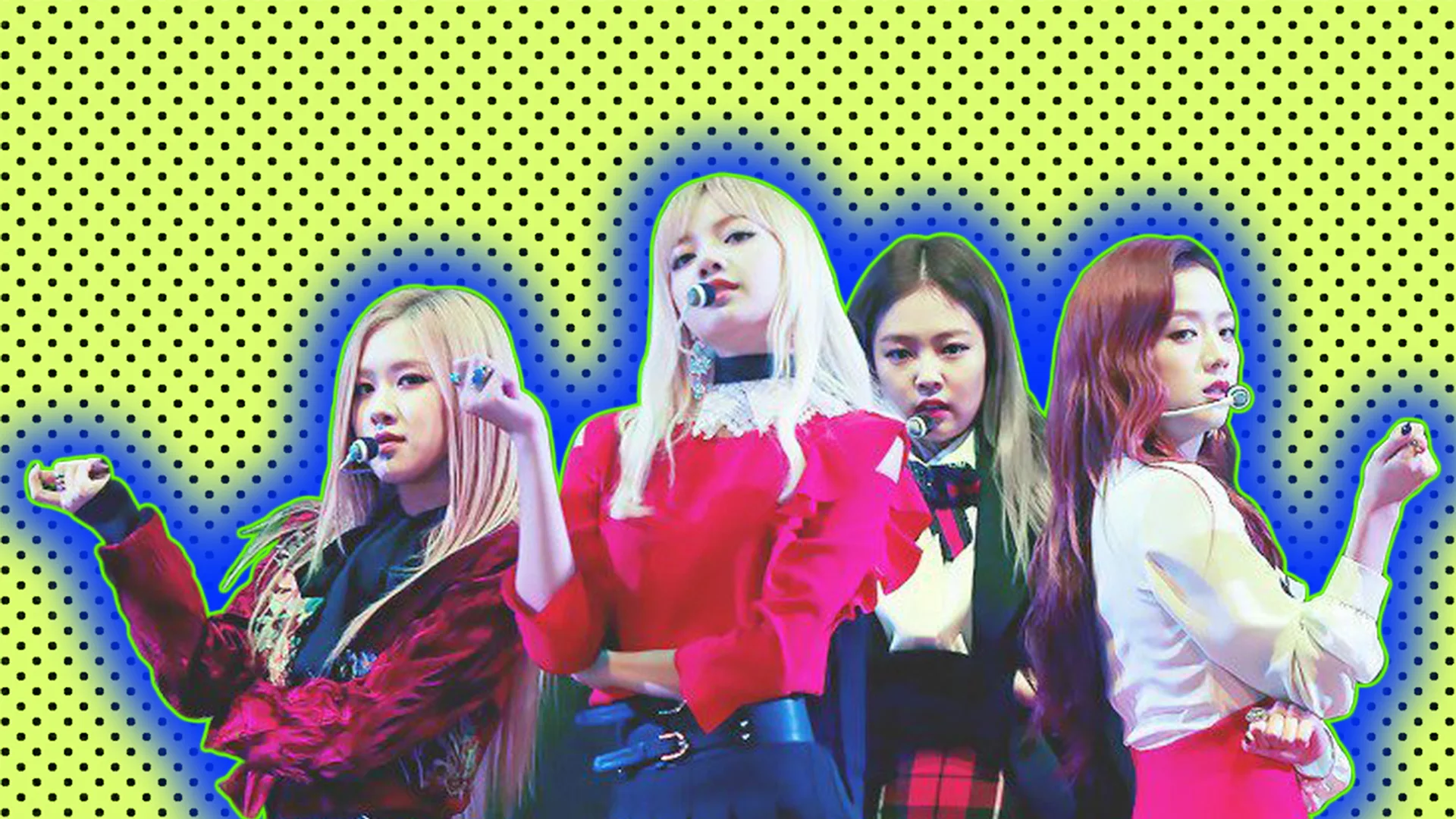 Blackpink live with a polkadot background and a glow around the image