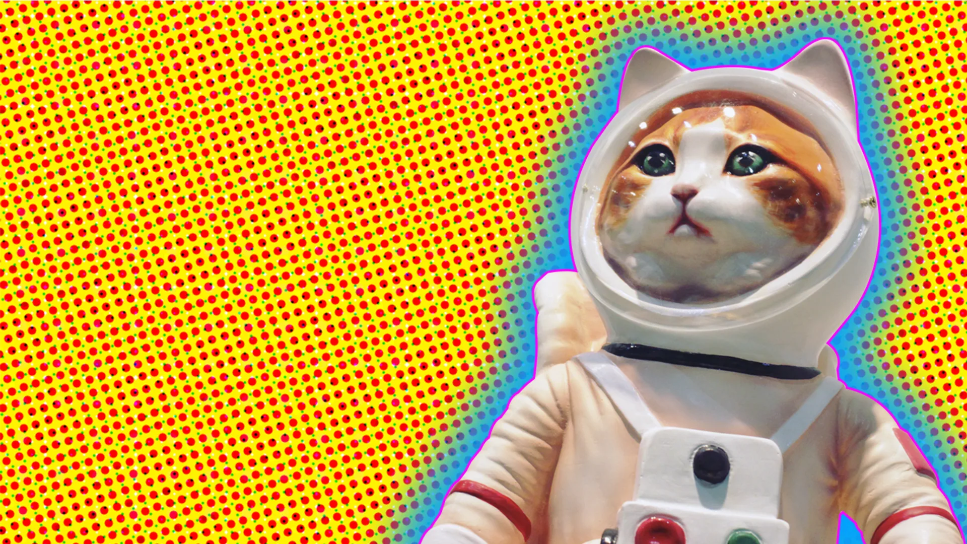 Astronaut cat with a polkadot background and a glow around the image