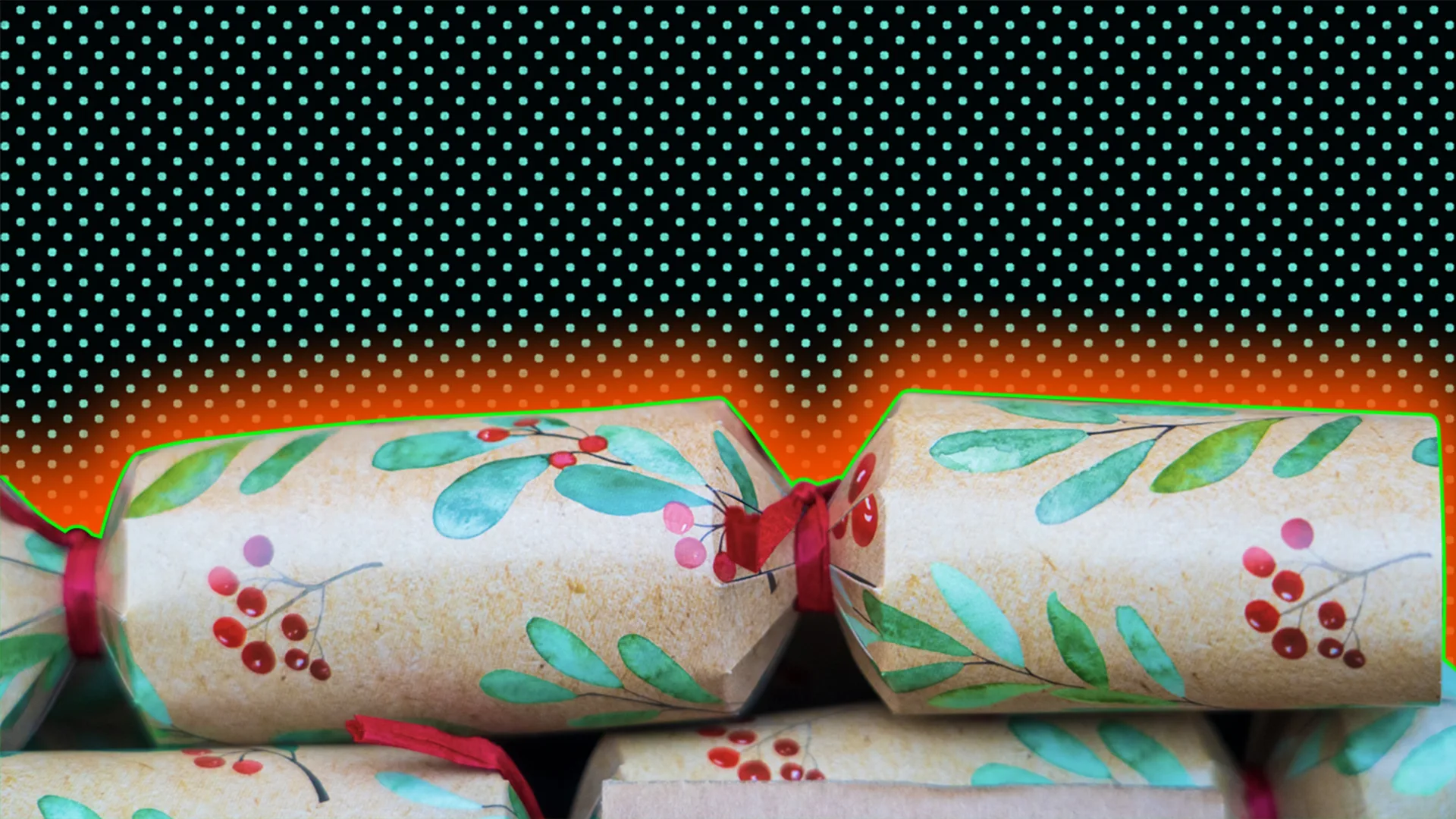 Christmas crackers with a polkadot background and a glow around the image