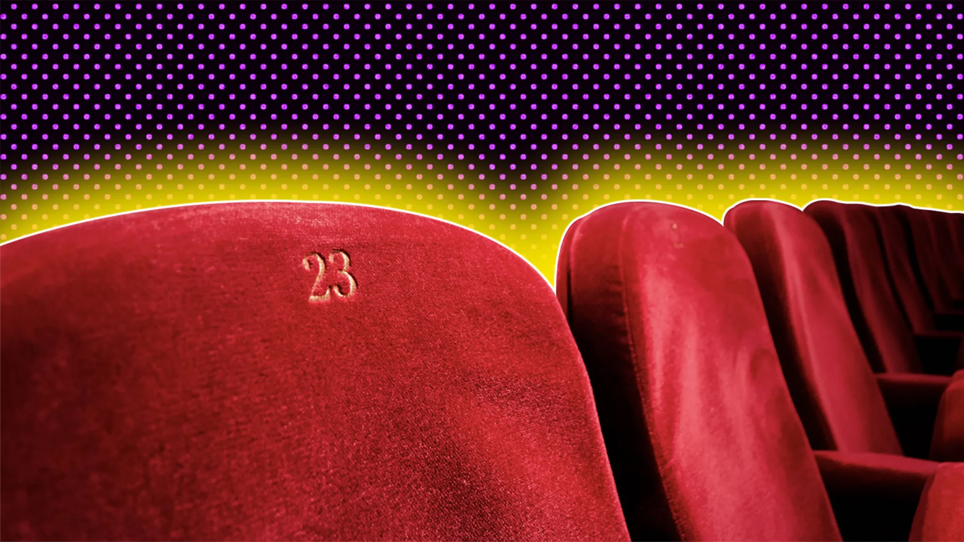 Numbered velvet theatre seats with a polkadot background and a glow around the images
