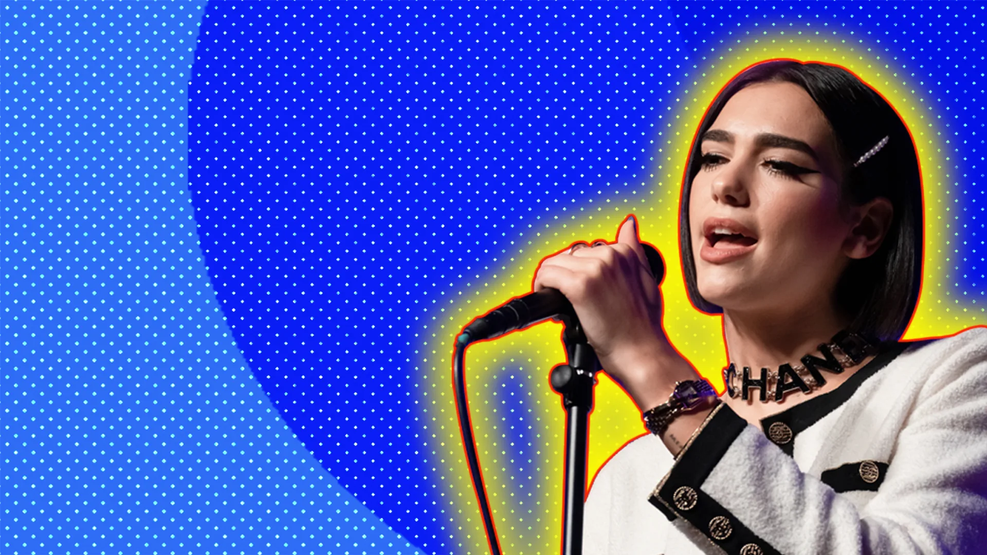 Dua Lipa singing with a polkadot background and a glow around the image