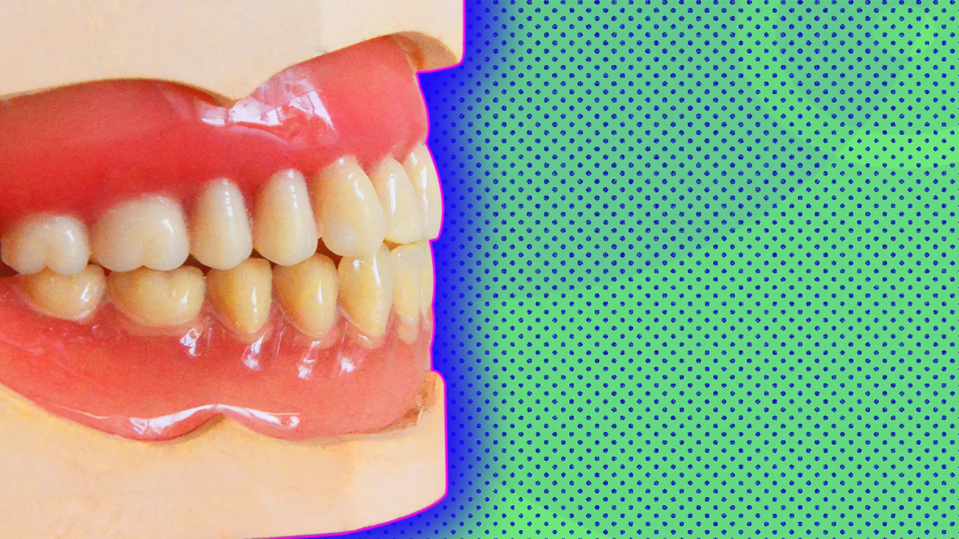 Flase teeth with a polkadot background and a glow around the image