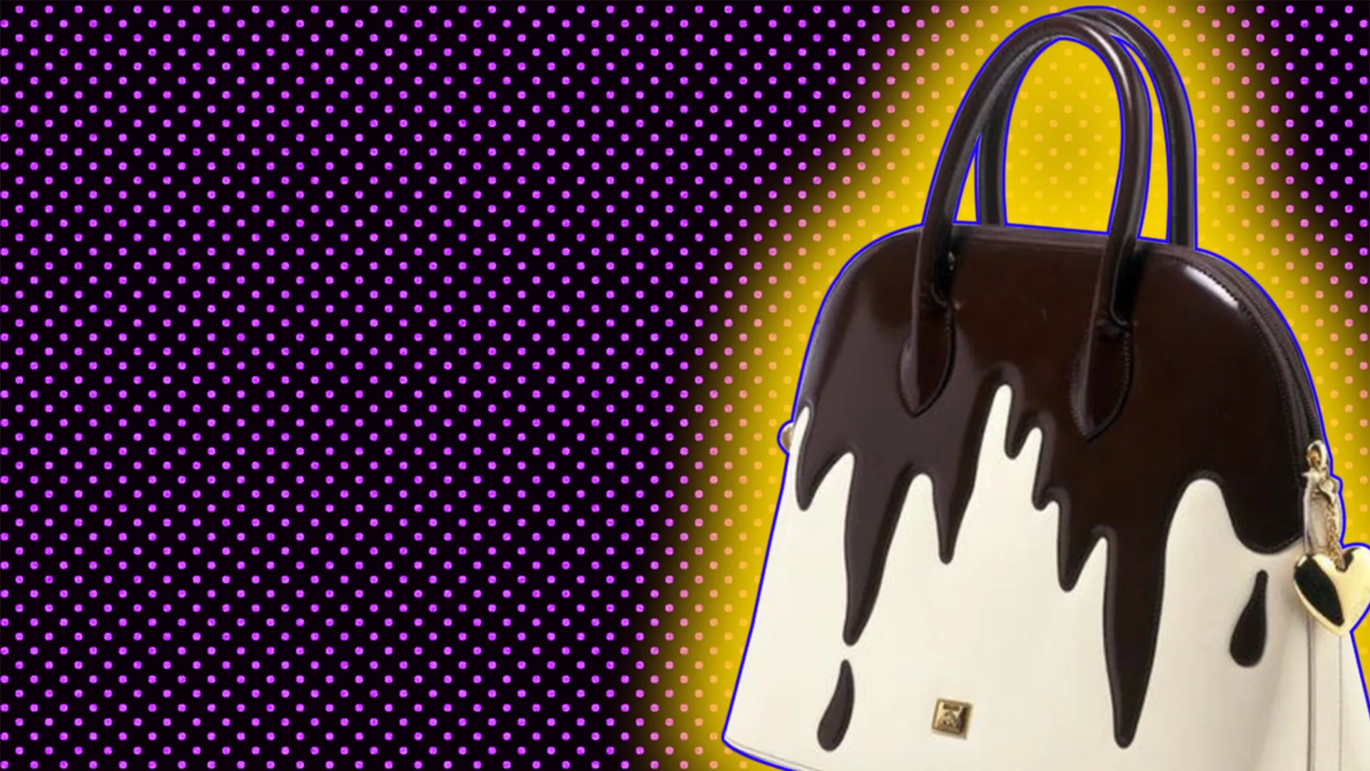 'Fudge The Fashionistas, Let Them Eat Cake' handbag, with a polkadot background and a glow around the image