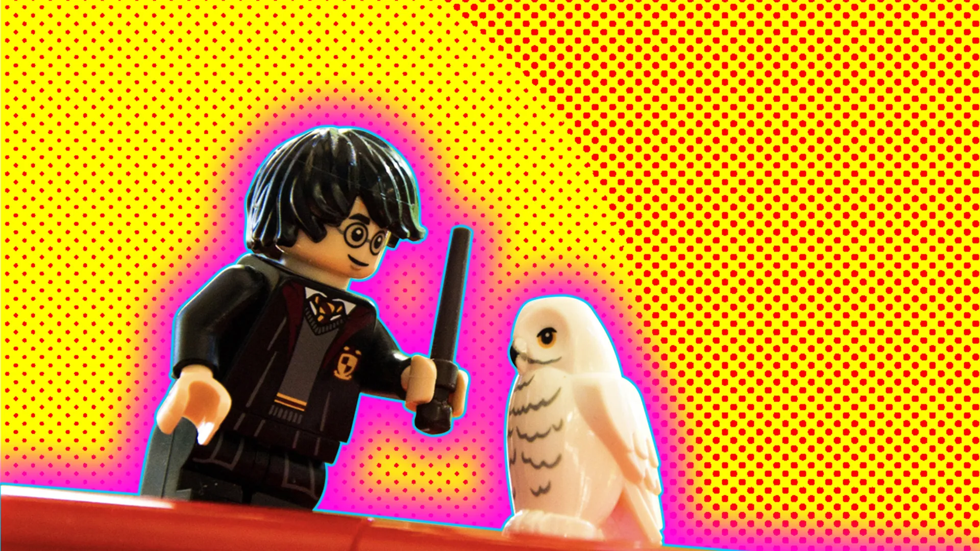 Lego Harry Potter & Hedwig the owl with a polkadot background and a glow around the image