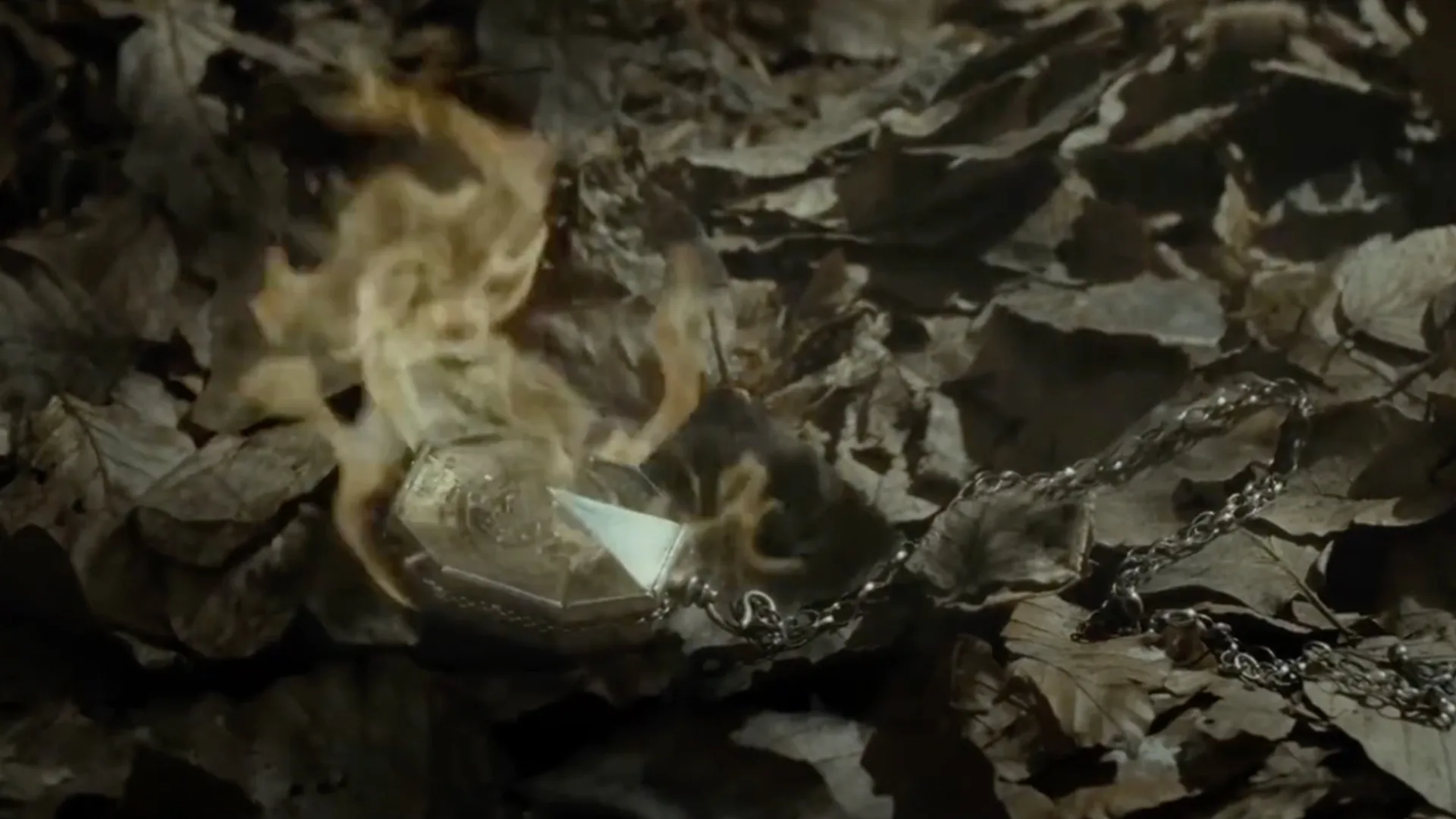 A locket on fire on a pile of leaves