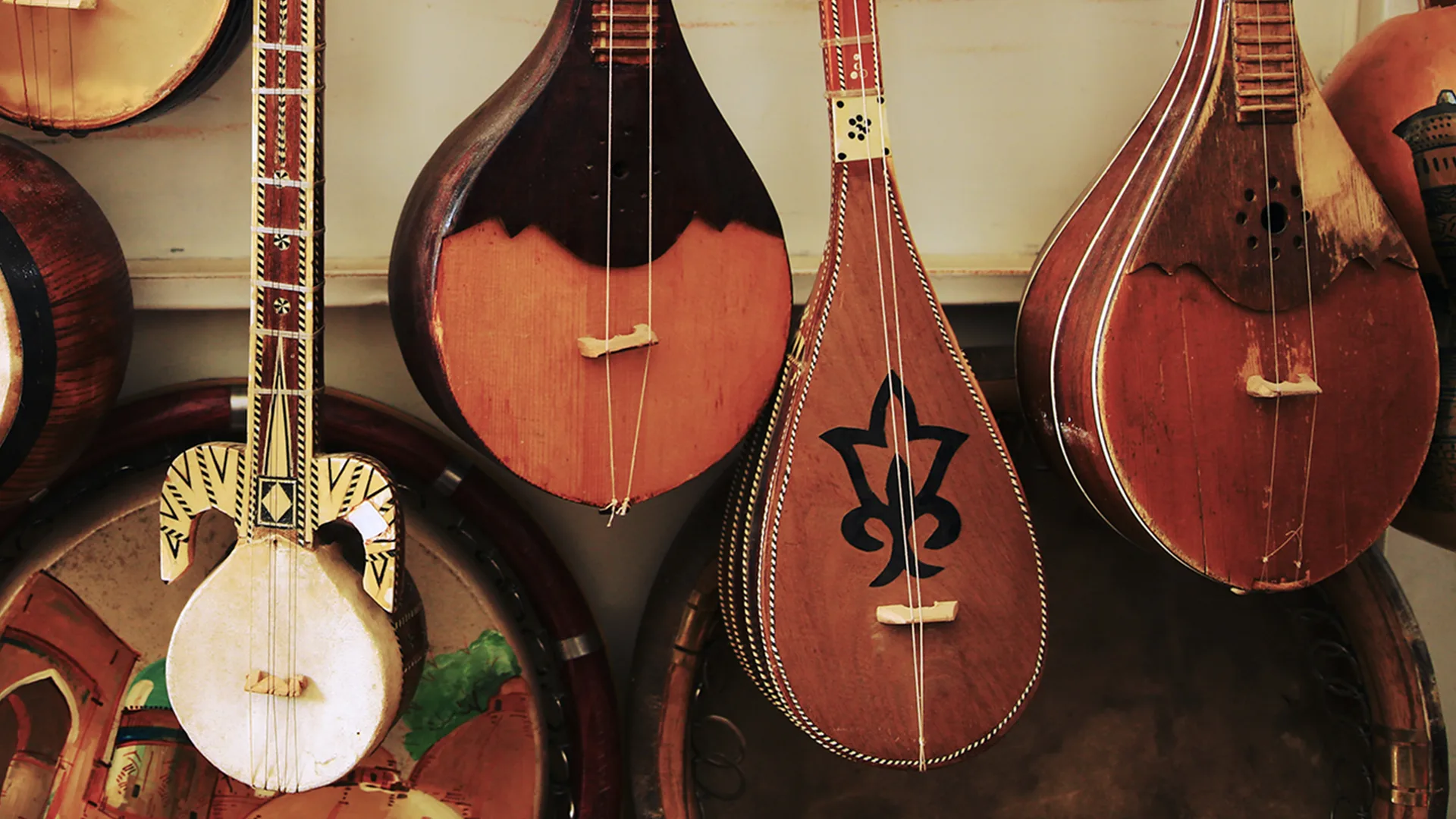 Stringed instruments displayed on wall
