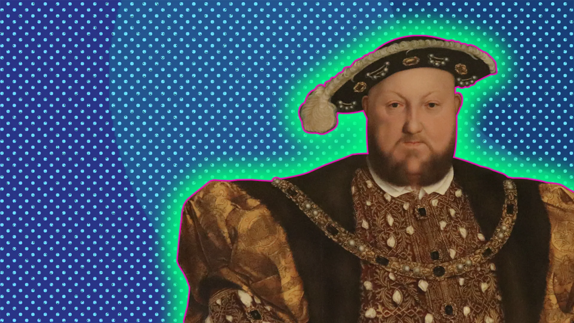 Henry VIII portrait with a polkadot background and a glow around the image;e