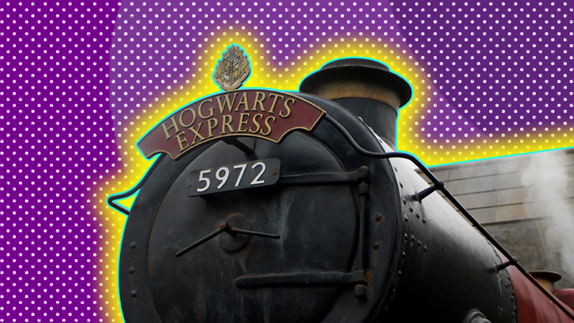 Hogwarts Express, outlined by yellow halo effect on purple-dotted background.