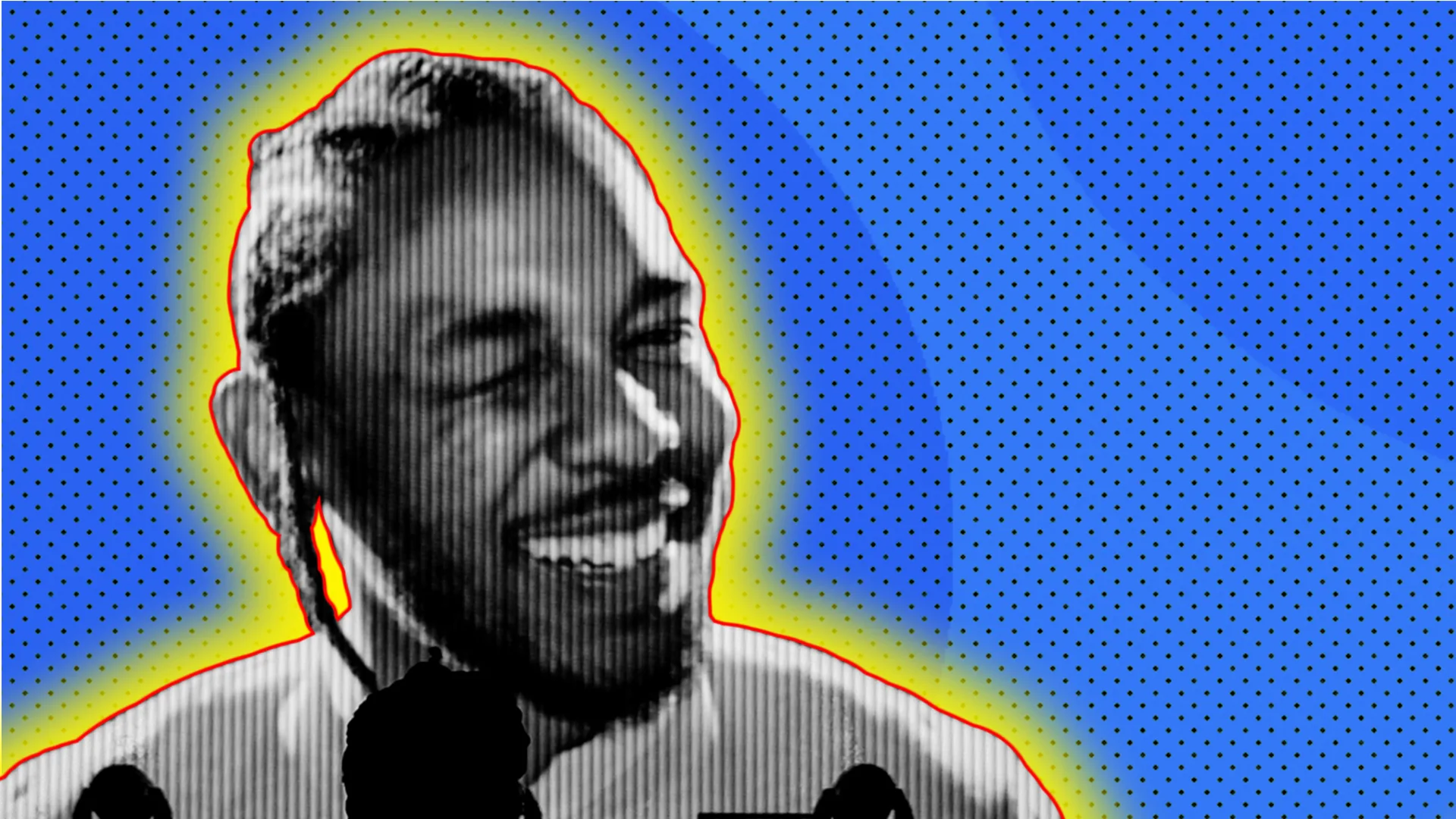 Kendrick Lamar on a big screen with a polkadot background and a glow around the image