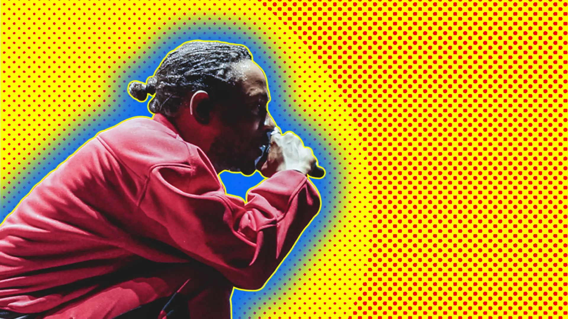 Side profile of Kendrick Lamar, wearing red tracksuit, singing with microphone, outlined by blue halo effect on yellow and red-dotted background.