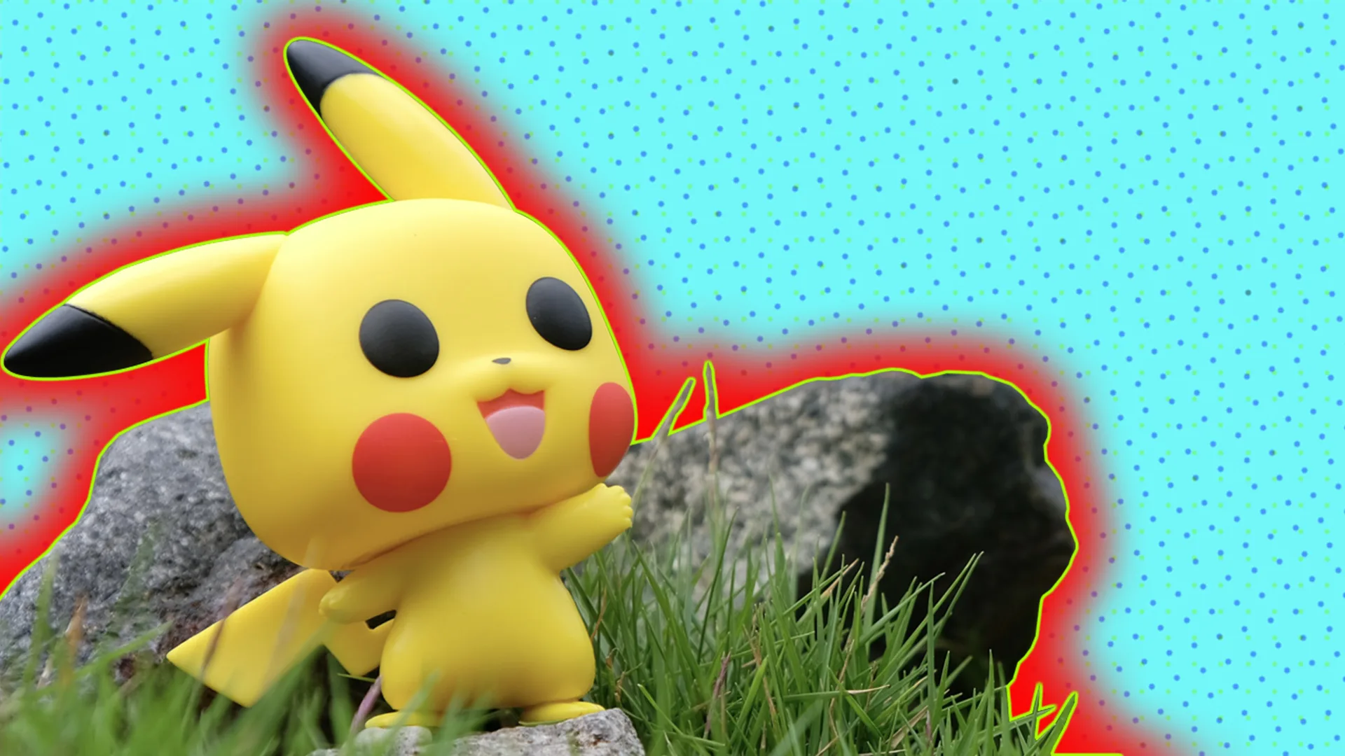 Pikachu with a polkadot background and a glow around the image
