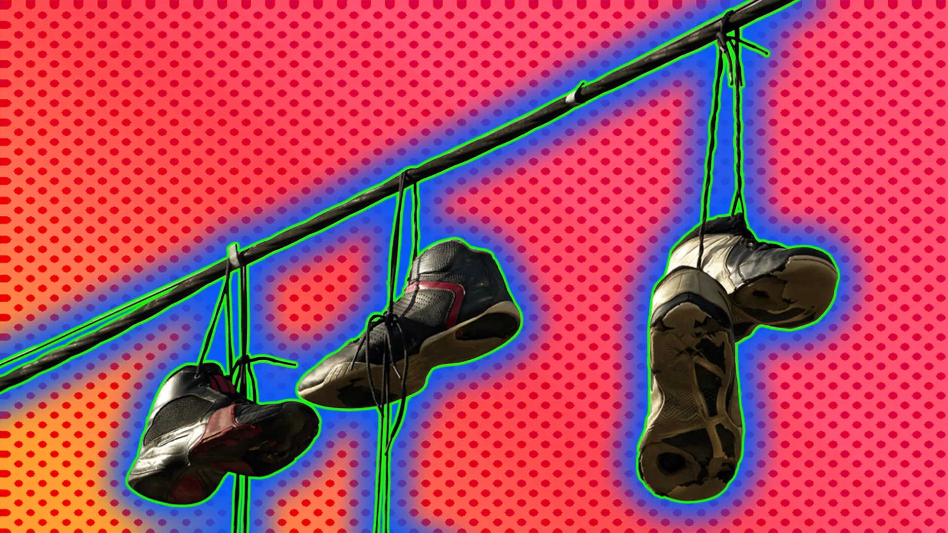Sneakers hanging on a line - in graphic house style