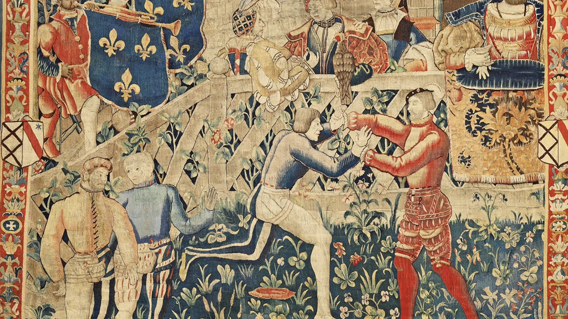 Tapestry showing Henry VIII wrestling