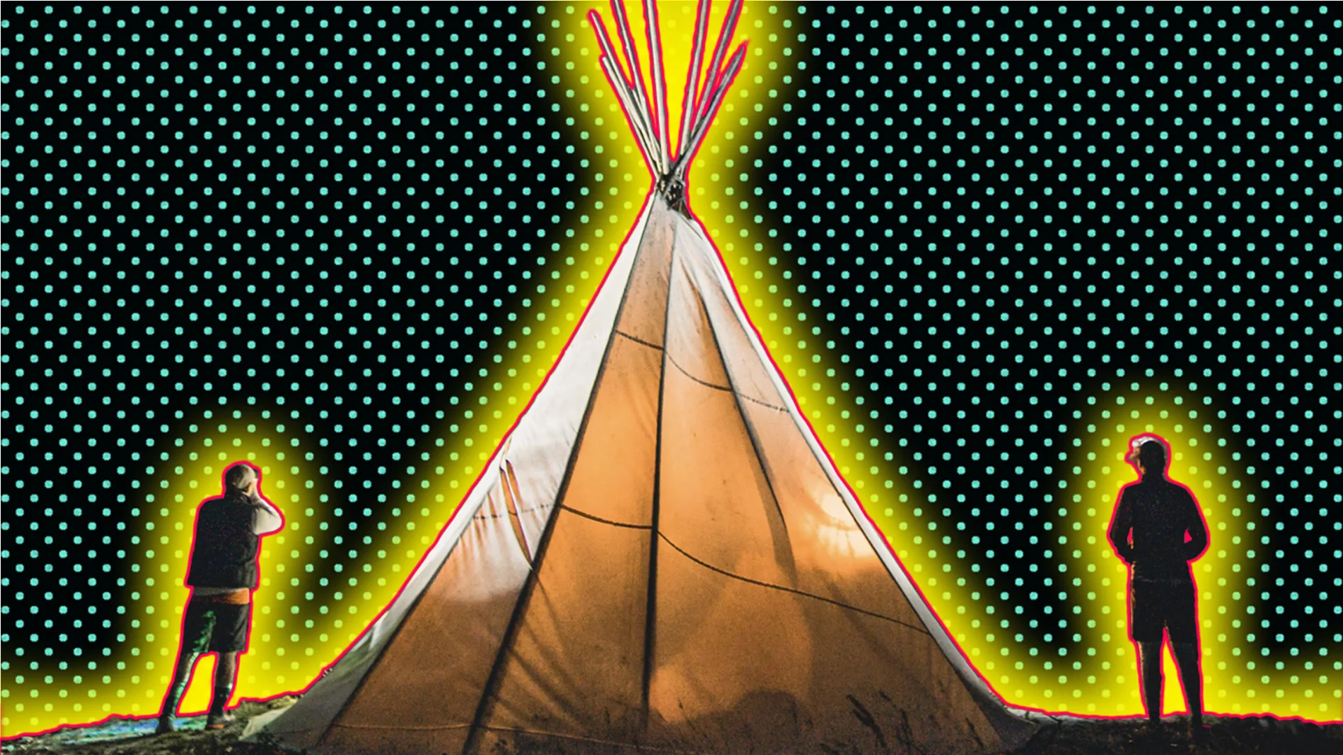People camping with a teepee with a polkadot background and a glow around the image