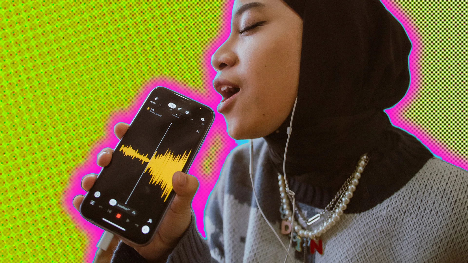 A woman singing into her phone - in graphic house style