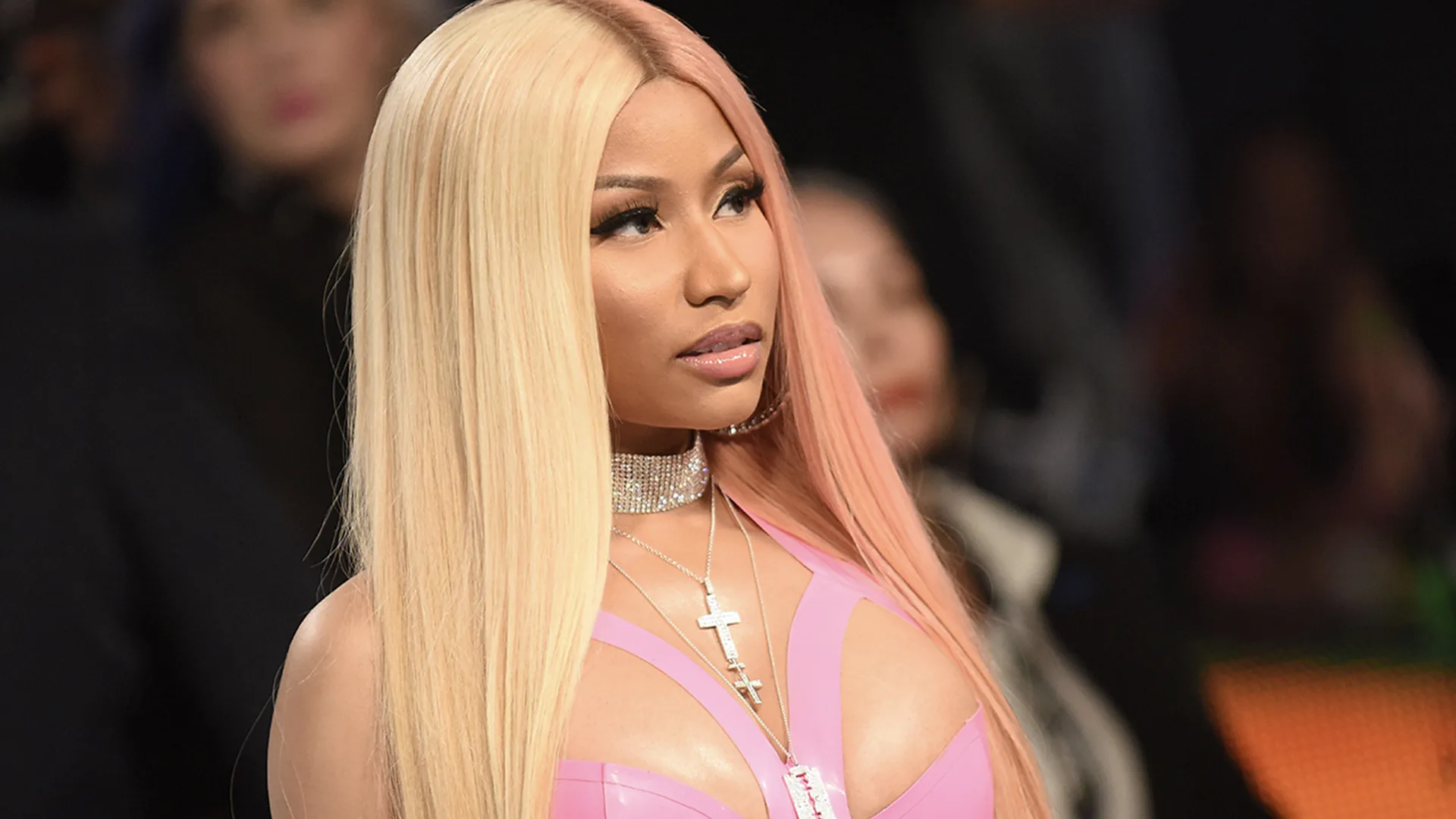 Nicki Minaj wearing a pink outfit at a premiere