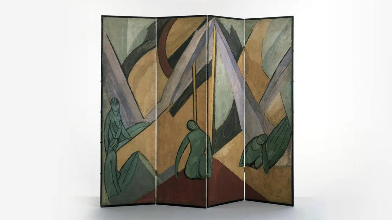 Canvas painted screen depicting bathers