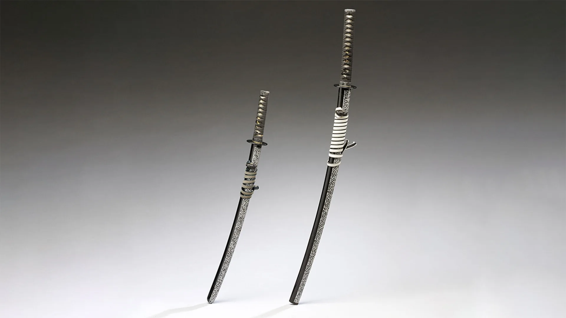 Two Wakizashi swords in scabbards on black gradient background.