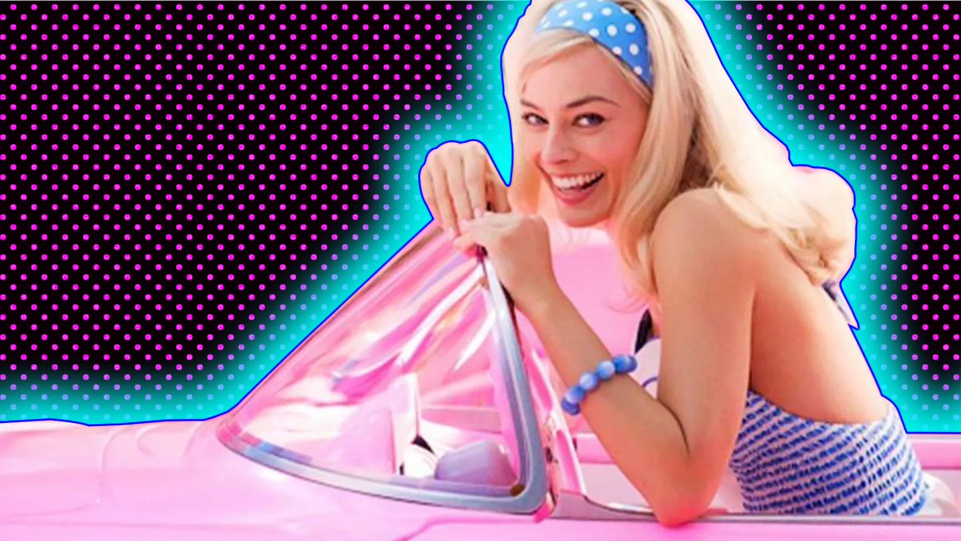Margot Robbie as Barbie outlined by a light blue halo effect on a black and pink spotty background