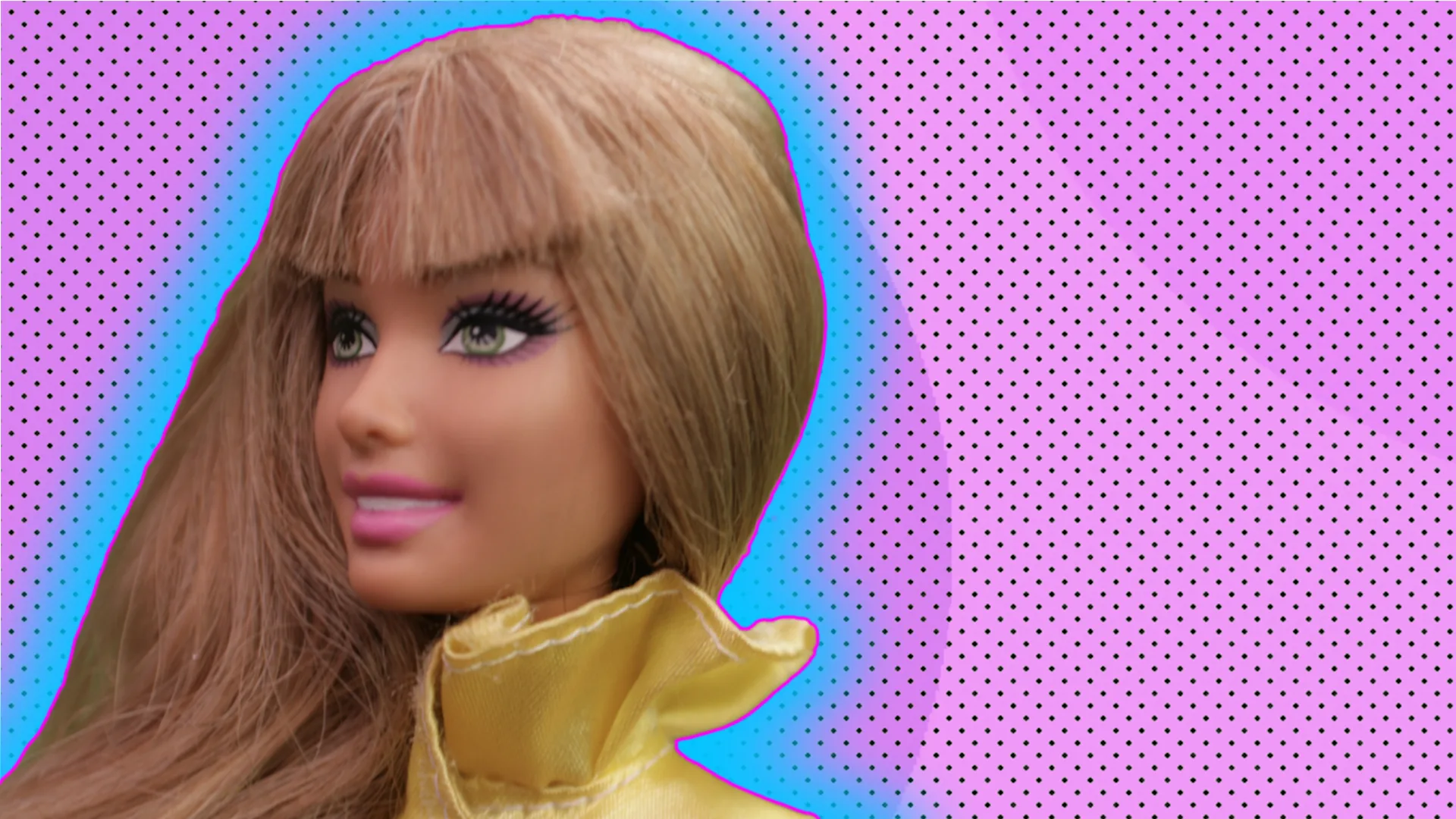 A blond barbie doll outlined by a light blue halo effect on a lilac dotted background