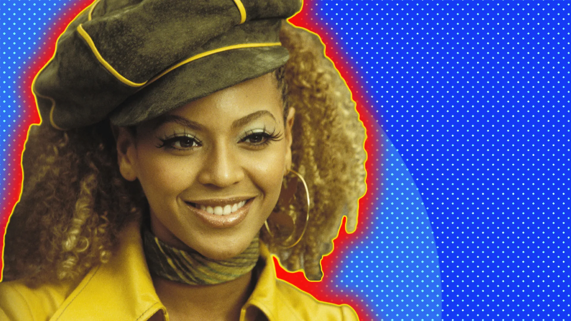 Beyonce smiling and wearing a 70s style hat and yellow jacket with a blue textured background and a red outline halo effect